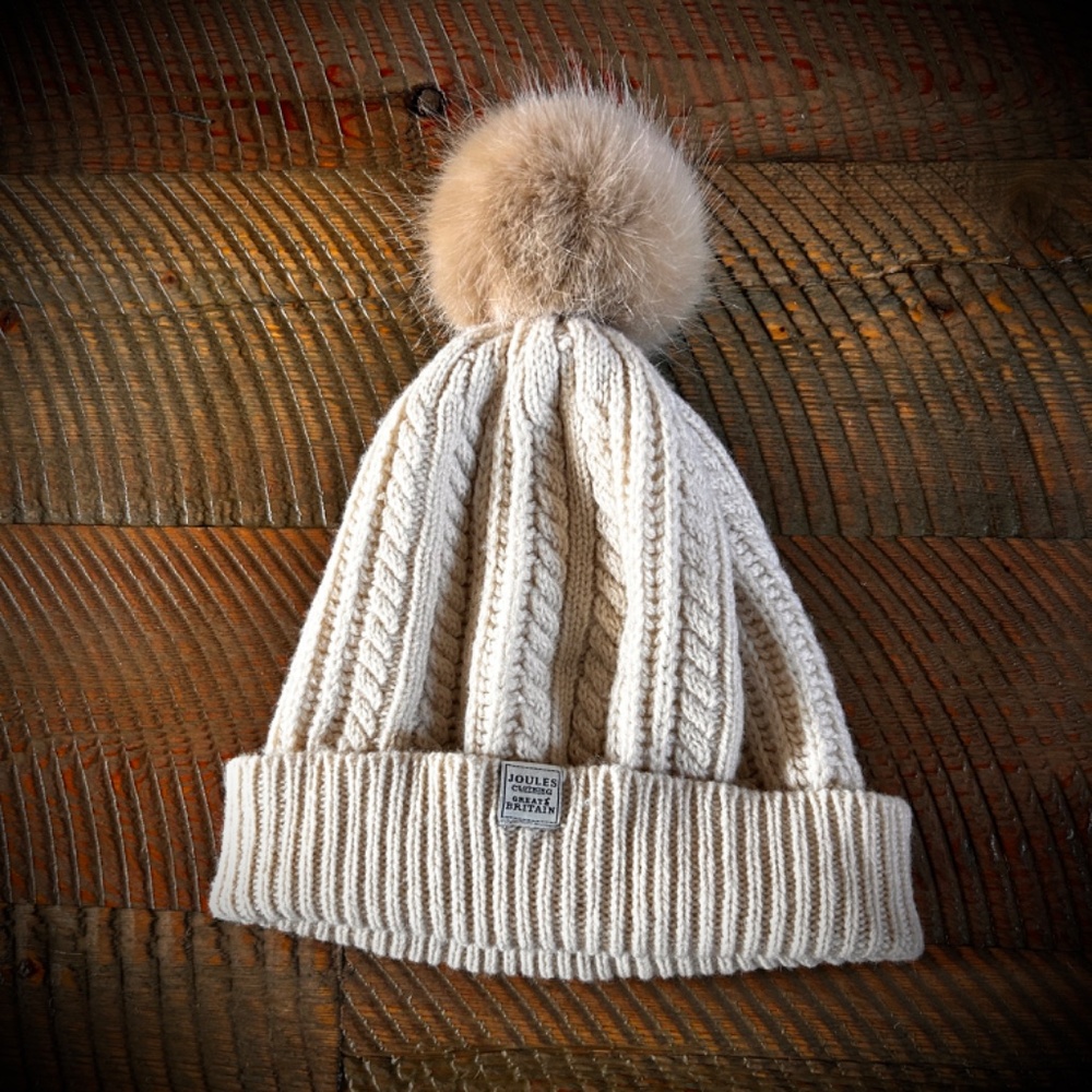 Joules Clothing Great Britain Cable-Knit Ivory Bobble Pom Hat Beanie One Size